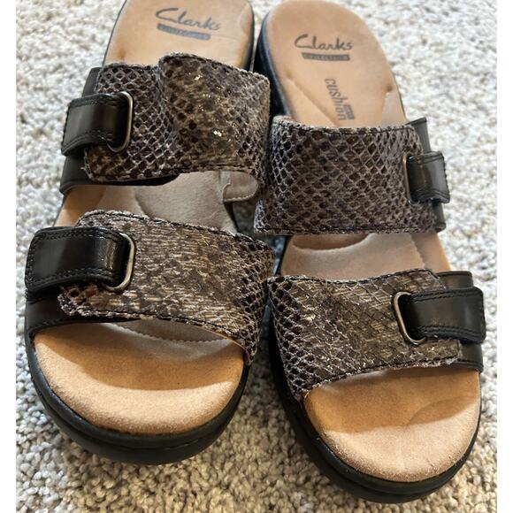 Clarks Black Snakeskin Leather Slip On Comfort Wedge Sandals Delana Fenela 6.5M‎ - Picture 2 of 9